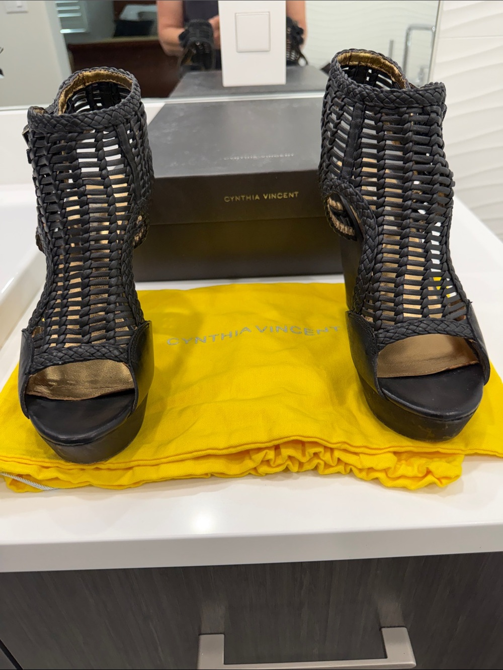 Cynthia Vincent Black Woven leather Peep-Toe Platform Heels